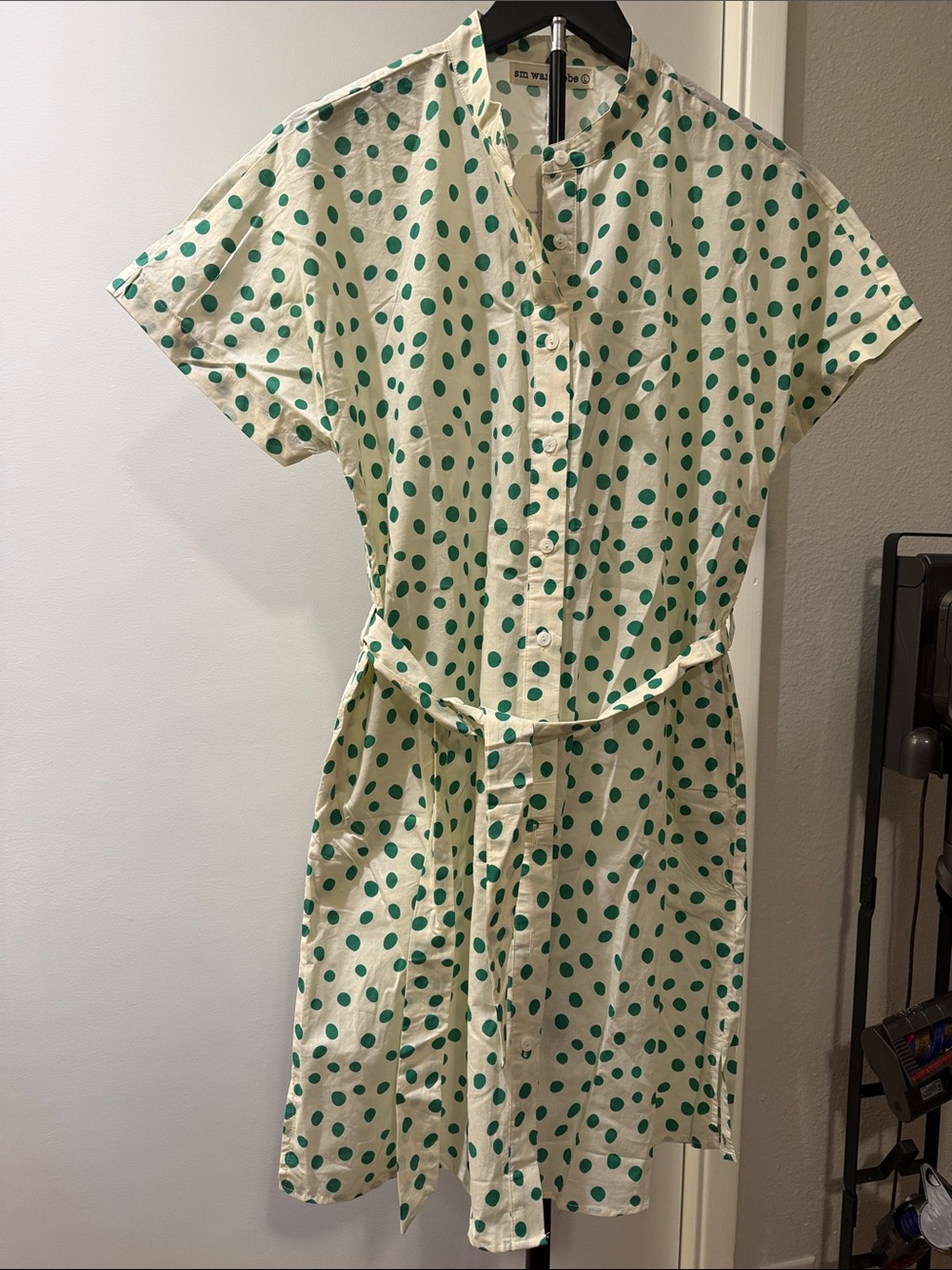 sm wardrobe Mini cotton Dress with Green Polka Dots, Self Tie and pockets size L
